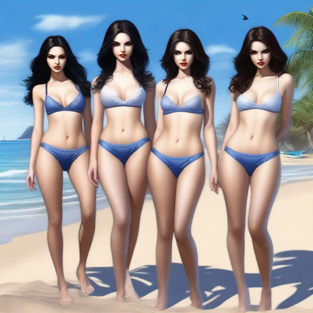 A hyper-realistic digital art piece features a group of stunningly attractive vampire girls at a beach