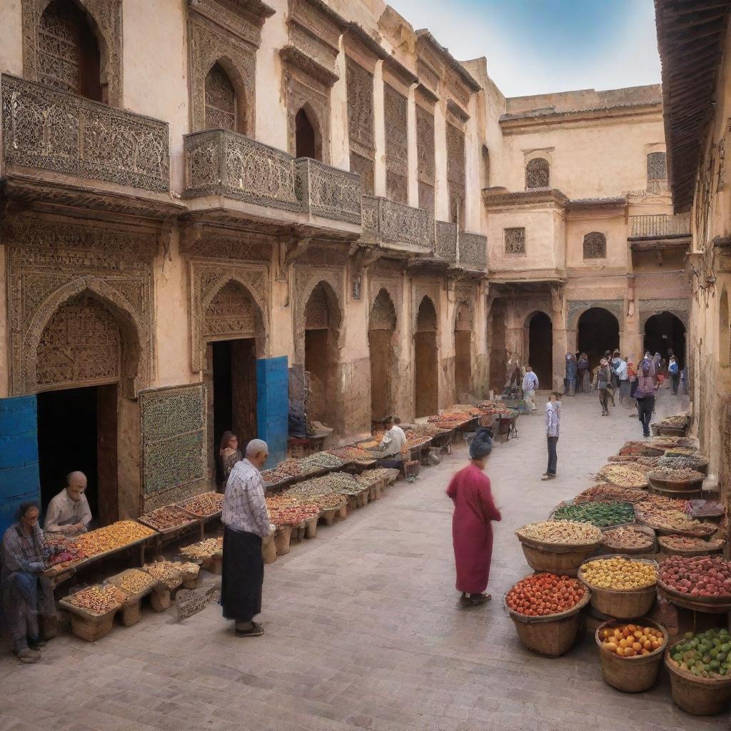 An idyllic, traditional scene from Fes, Morocco, with its famous architecture, vibrant souks and streets, and rich cultural life.