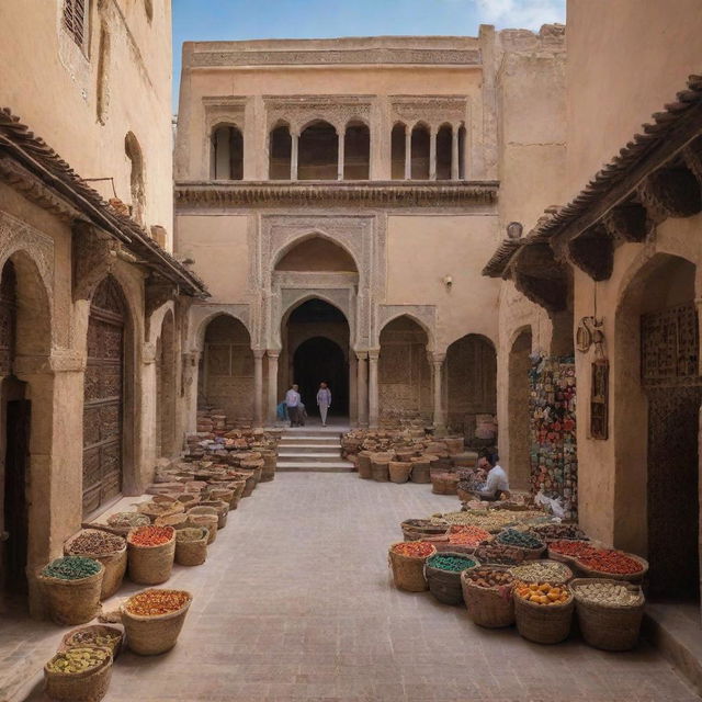 An idyllic, traditional scene from Fes, Morocco, with its famous architecture, vibrant souks and streets, and rich cultural life.