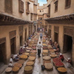 An idyllic, traditional scene from Fes, Morocco, with its famous architecture, vibrant souks and streets, and rich cultural life.