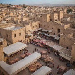 An idyllic, traditional scene from Fes, Morocco, with its famous architecture, vibrant souks and streets, and rich cultural life.