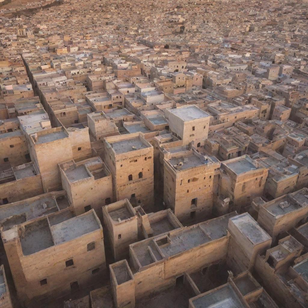 Bird's eye view of the labyrinthine city of Fez, Morocco during sunset. Highlight the architectural beauty of Medina with its narrow streets and vibrant marketplaces.