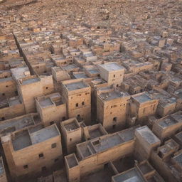 Bird's eye view of the labyrinthine city of Fez, Morocco during sunset. Highlight the architectural beauty of Medina with its narrow streets and vibrant marketplaces.