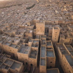 Bird's eye view of the labyrinthine city of Fez, Morocco during sunset. Highlight the architectural beauty of Medina with its narrow streets and vibrant marketplaces.