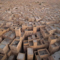 Bird's eye view of the labyrinthine city of Fez, Morocco during sunset. Highlight the architectural beauty of Medina with its narrow streets and vibrant marketplaces.