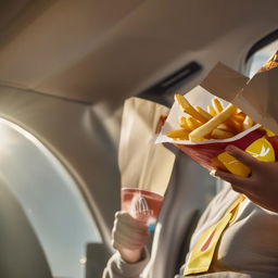 A cheerful individual savouring a McDonald's meal. Sunlight streams through a nearby window, hitting the crisp fries and glistening burger wrapped in classic McDonald's packaging.