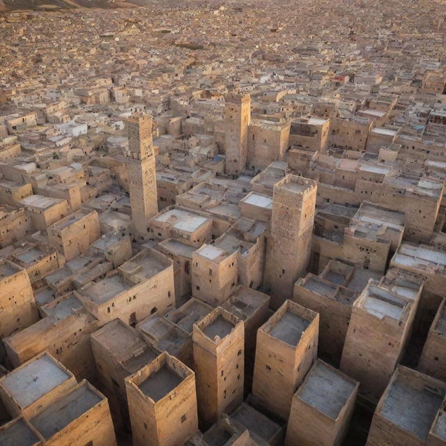 Bird's eye view of the labyrinthine city of Fez, Morocco during sunset. Highlight the architectural beauty of Medina with its narrow streets and vibrant marketplaces.