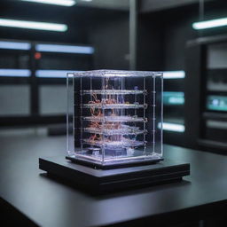 A cutting-edge quantum computer with glowing qubits in an ultra-cool lab environment, reflecting the futuristic technology.