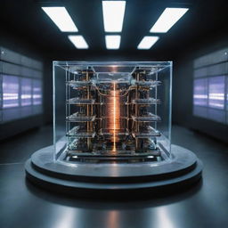 A cutting-edge quantum computer with glowing qubits in an ultra-cool lab environment, reflecting the futuristic technology.