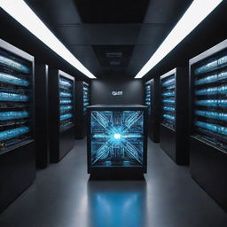 A cutting-edge quantum computer with glowing qubits in an ultra-cool lab environment, reflecting the futuristic technology.