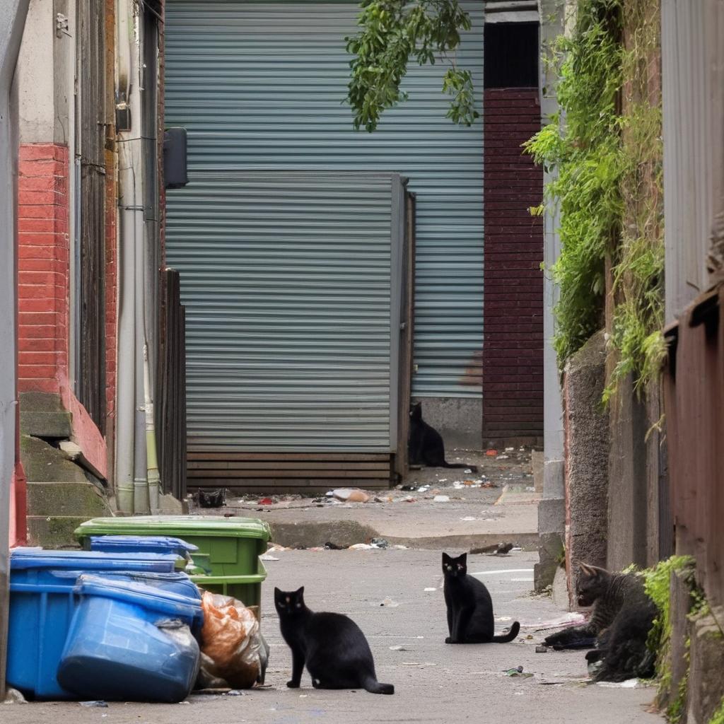 Overflowing waste bins in a back alley, detritus strewn around with a couple of stray cats pawing through the turned over trash.