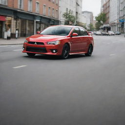 A Mitsubishi Lancer driving on a lively street