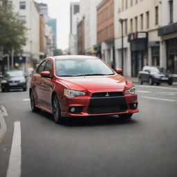 A Mitsubishi Lancer driving on a lively street