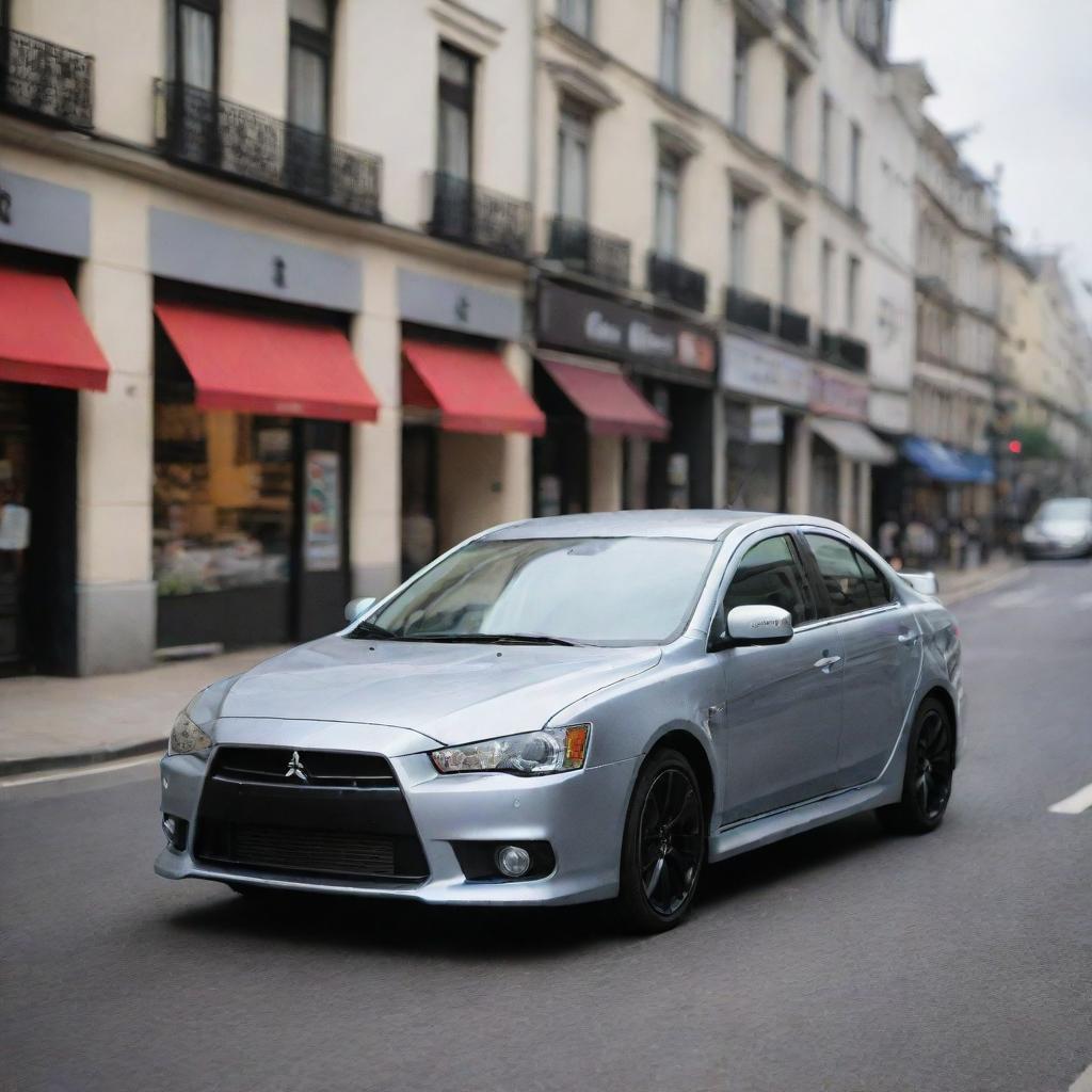 A Mitsubishi Lancer driving on a lively street