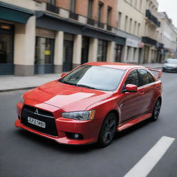 A Mitsubishi Lancer driving on a lively street