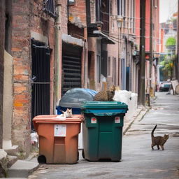 Overflowing waste bins in a back alley, detritus strewn around with a couple of stray cats pawing through the turned over trash.