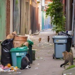 Overflowing waste bins in a back alley, detritus strewn around with a couple of stray cats pawing through the turned over trash.