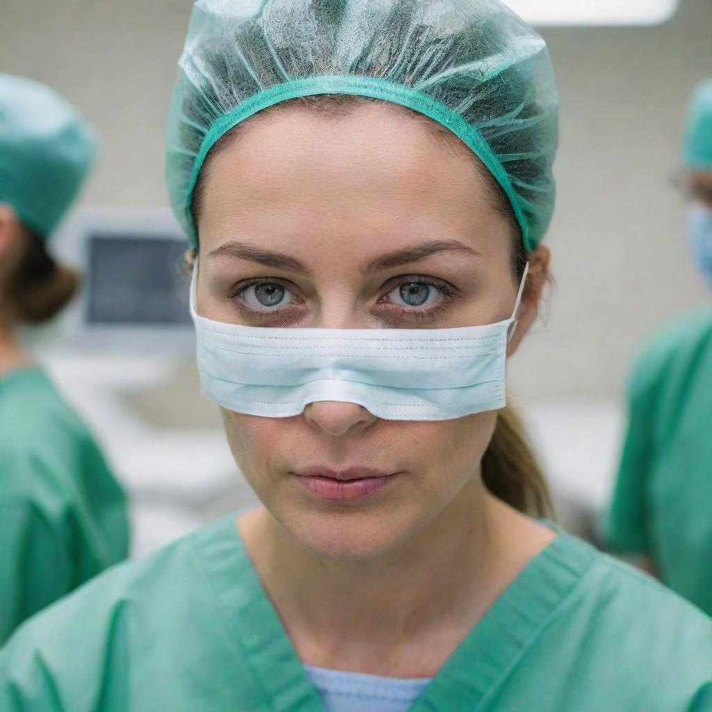 Close-up of a focused female eye surgeon, dressed in green scrubs, wearing a facial mask, and protective glasses, operating diligently in a state-of-the-art operating room filled with high-tech medical equipment