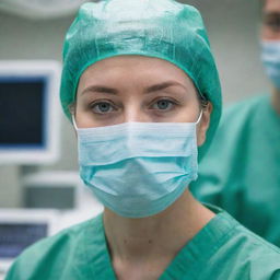 Close-up of a focused female eye surgeon, dressed in green scrubs, wearing a facial mask, and protective glasses, operating diligently in a state-of-the-art operating room filled with high-tech medical equipment