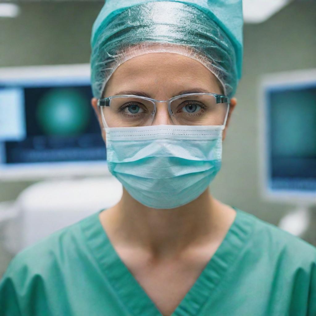 Close-up of a focused female eye surgeon, dressed in green scrubs, wearing a facial mask, and protective glasses, operating diligently in a state-of-the-art operating room filled with high-tech medical equipment