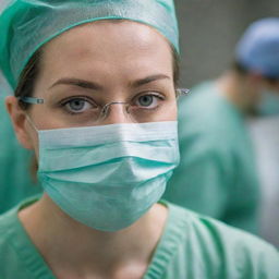 Close-up of a focused female eye surgeon, dressed in green scrubs, wearing a facial mask, and protective glasses, operating diligently in a state-of-the-art operating room filled with high-tech medical equipment