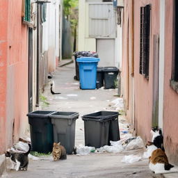 Overflowing waste bins in a back alley, detritus strewn around with a couple of stray cats pawing through the turned over trash.