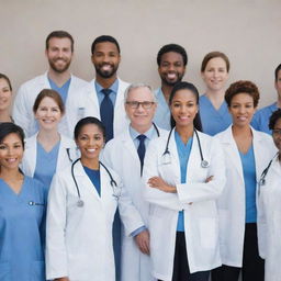 A diverse group of doctors standing in various positions, displaying the breadth of the medical profession.