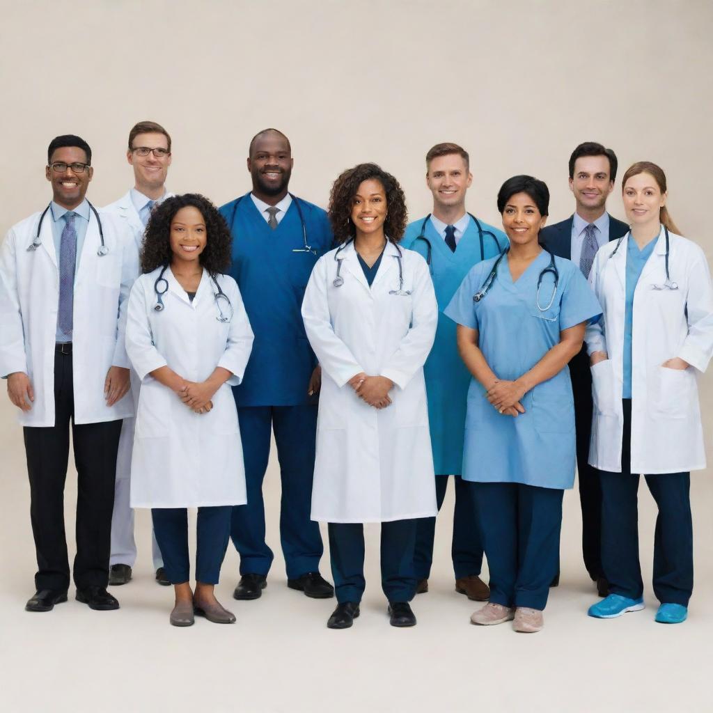 A diverse group of doctors standing in various positions, displaying the breadth of the medical profession.