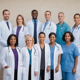 A diverse group of doctors standing in various positions, displaying the breadth of the medical profession.