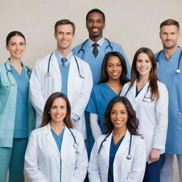 A diverse group of doctors standing in various positions, displaying the breadth of the medical profession.