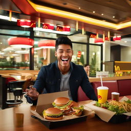 Amend previous image: Exaggerate the person's happiness as they relish their McDonald's meal. Their eyes sparkle with delight and a broad, euphoric smile spreads across their face, amplifying the jovial atmosphere.