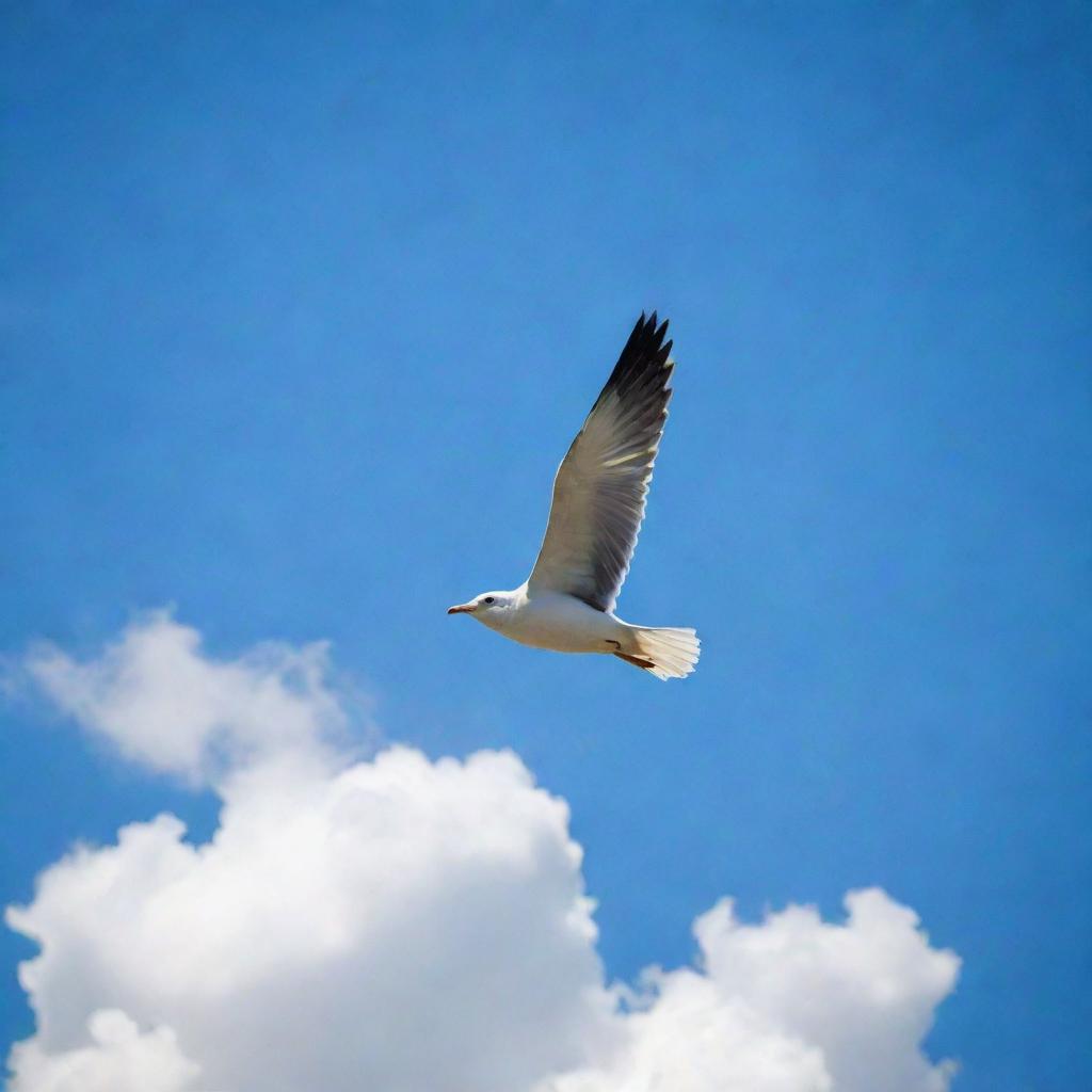 A graceful bird soaring high in the azure sky with a few delicate clouds scattered in the background