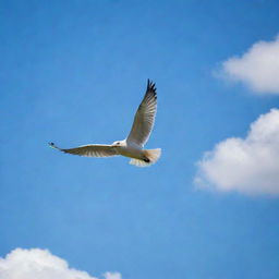 A graceful bird soaring high in the azure sky with a few delicate clouds scattered in the background