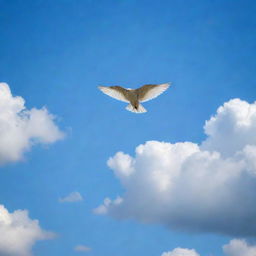 A graceful bird soaring high in the azure sky with a few delicate clouds scattered in the background