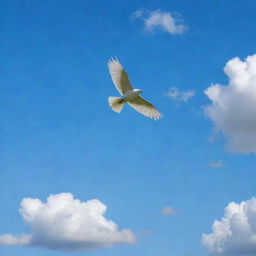 A graceful bird soaring high in the azure sky with a few delicate clouds scattered in the background