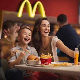 Amend previous image: Exaggerate the person's happiness as they relish their McDonald's meal. Their eyes sparkle with delight and a broad, euphoric smile spreads across their face, amplifying the jovial atmosphere.