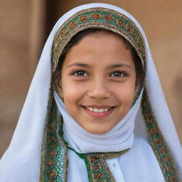 A dignified portrait of a young Algerian girl in traditional Muslim dress. Her smile is warm, her eyes are striking, and her attire is an intricate display of Algeria's rich cultural heritage.