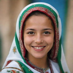 A dignified portrait of a young Algerian girl in traditional Muslim dress. Her smile is warm, her eyes are striking, and her attire is an intricate display of Algeria's rich cultural heritage.