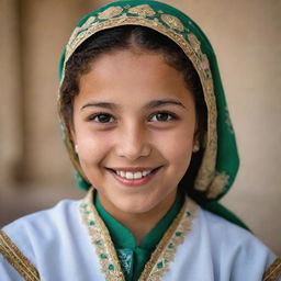 A dignified portrait of a young Algerian girl in traditional Muslim dress. Her smile is warm, her eyes are striking, and her attire is an intricate display of Algeria's rich cultural heritage.