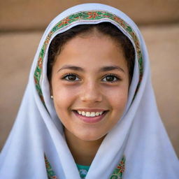 A dignified portrait of a young Algerian girl in traditional Muslim dress. Her smile is warm, her eyes are striking, and her attire is an intricate display of Algeria's rich cultural heritage.