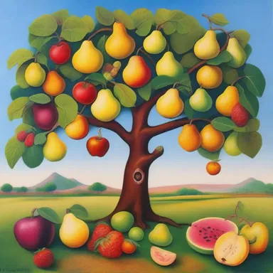 The painting beautifully portrays a surreal world where the concept of parthenocarpy is depicted through vibrant fruits growing on trees without any seeds or pollination visible.