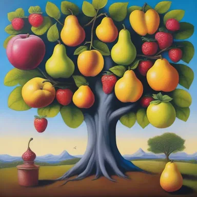 The painting beautifully portrays a surreal world where the concept of parthenocarpy is depicted through vibrant fruits growing on trees without any seeds or pollination visible.