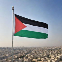 A peaceful and prosperous global vista, illuminated by the warmth of harmony with the flag of Palestine waving proudly in the clear sky.