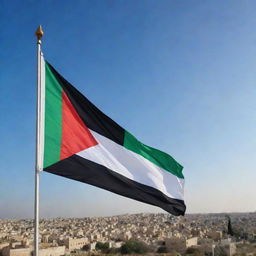 A peaceful and prosperous global vista, illuminated by the warmth of harmony with the flag of Palestine waving proudly in the clear sky.