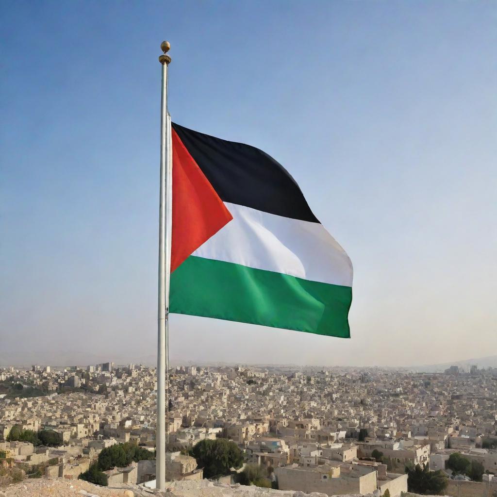 A peaceful and prosperous global vista, illuminated by the warmth of harmony with the flag of Palestine waving proudly in the clear sky.