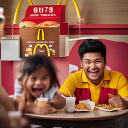 Amend previous image: Exaggerate the person's happiness as they relish their McDonald's meal. Their eyes sparkle with delight and a broad, euphoric smile spreads across their face, amplifying the jovial atmosphere.