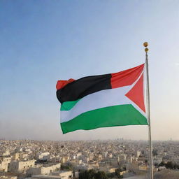 A peaceful and prosperous global vista, illuminated by the warmth of harmony with the flag of Palestine waving proudly in the clear sky.