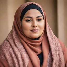 A confident image of a plus-sized North African Muslim woman wearing a Hijabi. She stands proudly, showcasing her rich cultural heritage and inspiring strength in her body positivity.