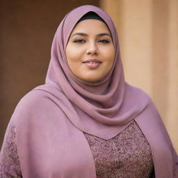 A confident image of a plus-sized North African Muslim woman wearing a Hijabi. She stands proudly, showcasing her rich cultural heritage and inspiring strength in her body positivity.