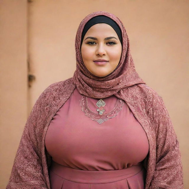 A confident image of a plus-sized North African Muslim woman wearing a Hijabi. She stands proudly, showcasing her rich cultural heritage and inspiring strength in her body positivity.